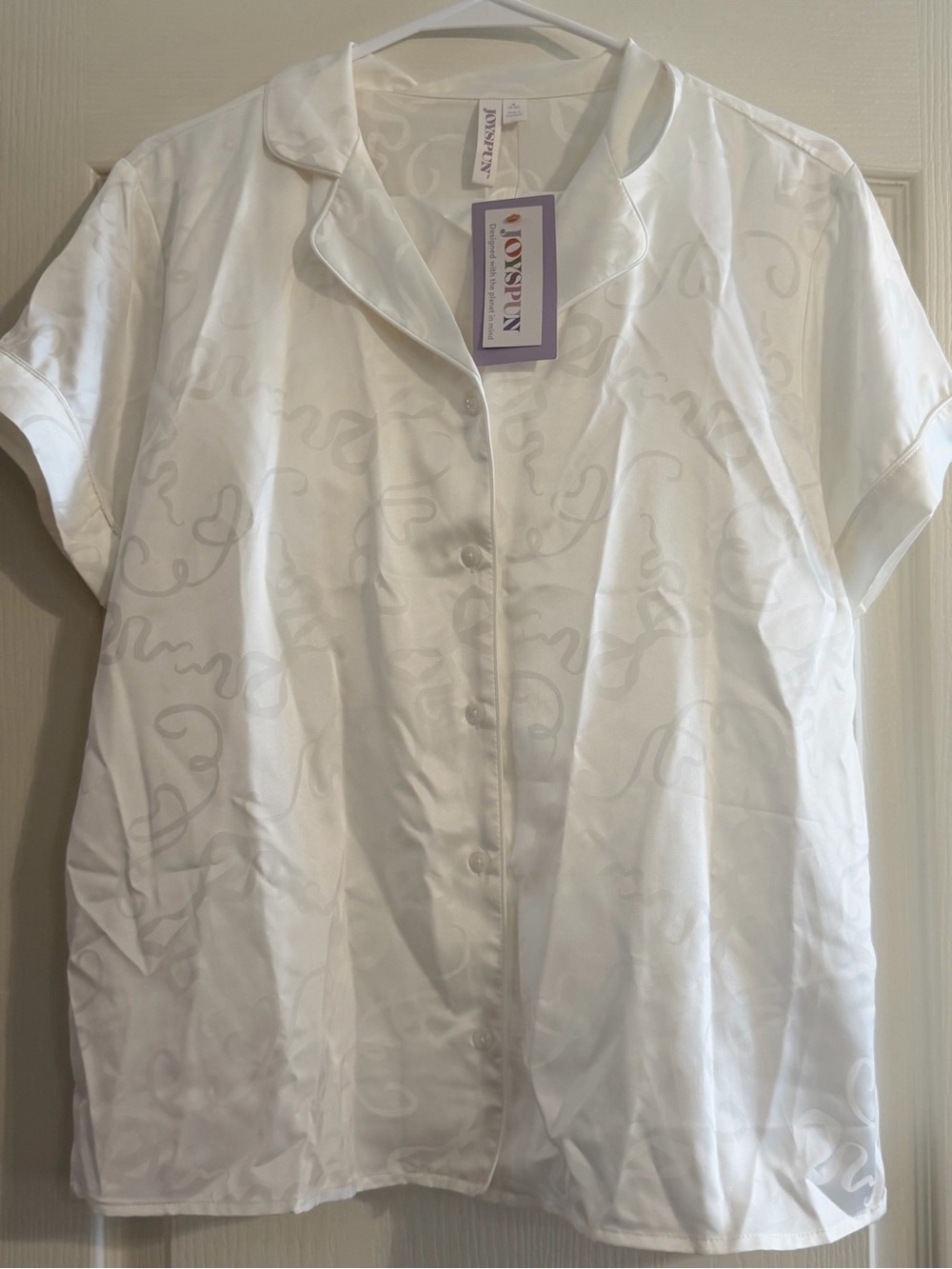 White Short-Sleeve Satin Button-Front Top and Shorts Pajama Set